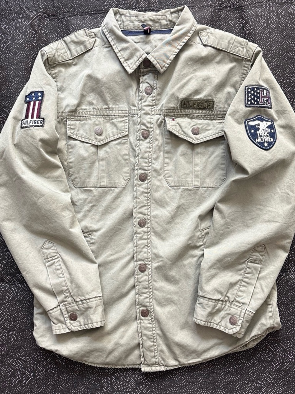 Tommy Hilfiger Boys Military Jacket 1985 Patch Army Green Utility Coat